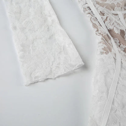 Elegant Fairy White Corset A-line Dress See Through Lace Square Collar Sexy Long Sleeve Short Dresses Aesthetic Sweet