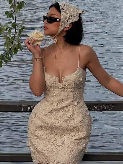 Chic Flower Suspender Short Women's Dress With Backless Slim A-line Dresses 2025 Summer Street Holiday Ladies' Short Robe