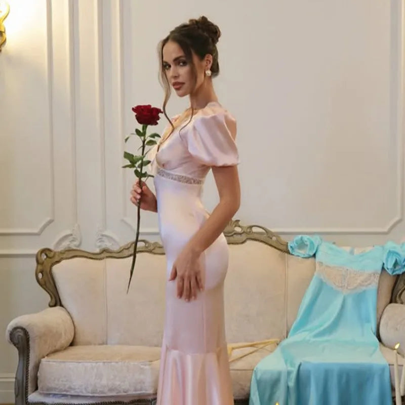 Fashion Satin Lace Long Dress Women V Neck Puff Sleeve Slim Elegant Luxury Party Evening Dress Female Mermaid Dress