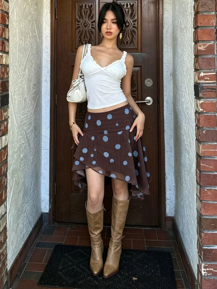 Asymmetrical Polka Dot Chiffon Mini Skirt Low-waist Irregular Pleated Short Skirt Fashion Elegant Beachwear Summer Outfit