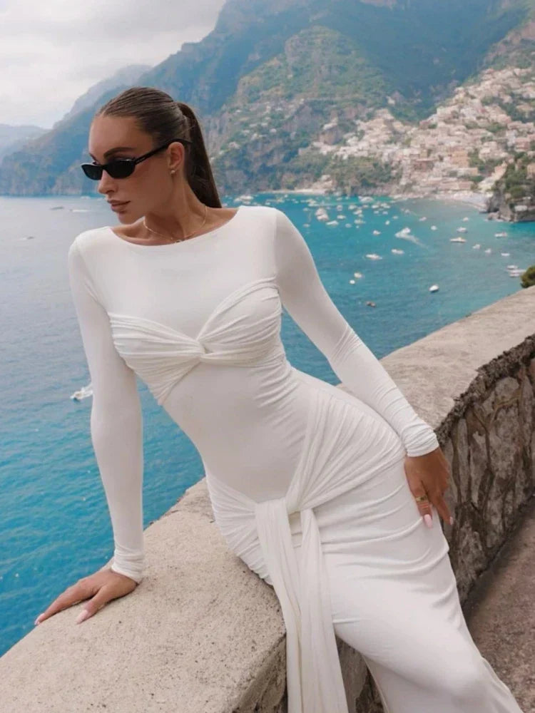 Crew Neck Long Sleeve Twist Front Ruched Waist Drape Maxi Dress