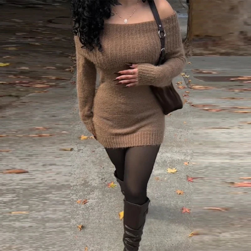 Women's Sexy Off-the-shoulder Bodycon Sweater Trendy Retro Stylish Outfit Office Ladies Party Elegant Temperament Autumn Clothes