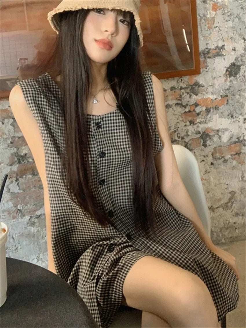 Minimalist Women Two Pieces Suits Chic Office Lady Vest Coats Plaid Wide Leg Shorts Loose Work Wear Elegant Set
