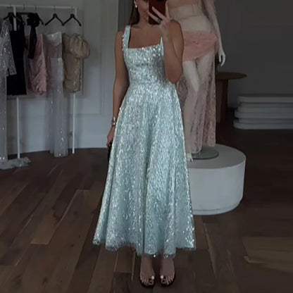 Fashion Temperament Sleeveless Evening Dresses Elegant Party High Waisted Pleated Dress Shiny Sequins Mesh Halter Long Dresses