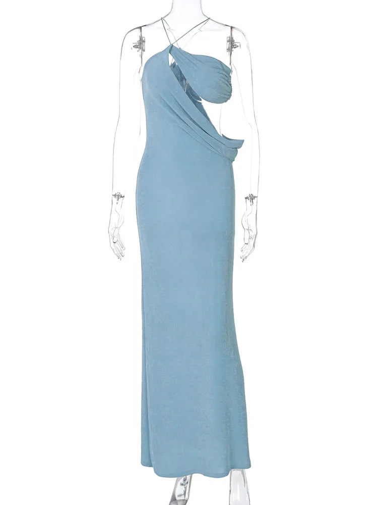 One Shoulder Diagonal Cutout Draped Bodice Sleeveless Maxi Dress