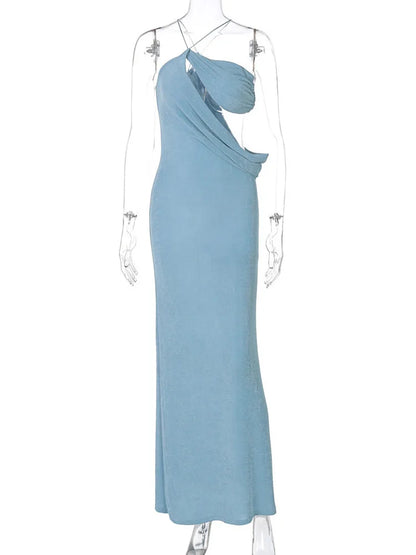 One Shoulder Diagonal Cutout Draped Bodice Sleeveless Maxi Dress