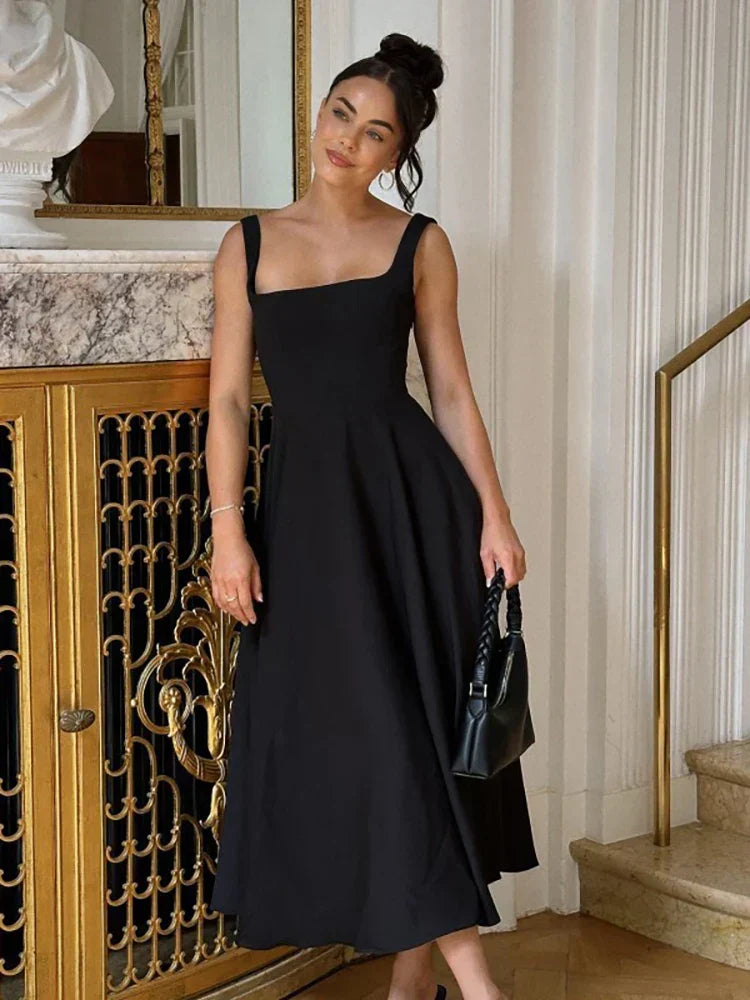 Square Neck Sleeveless A Line Fit and Flare Midi Dress