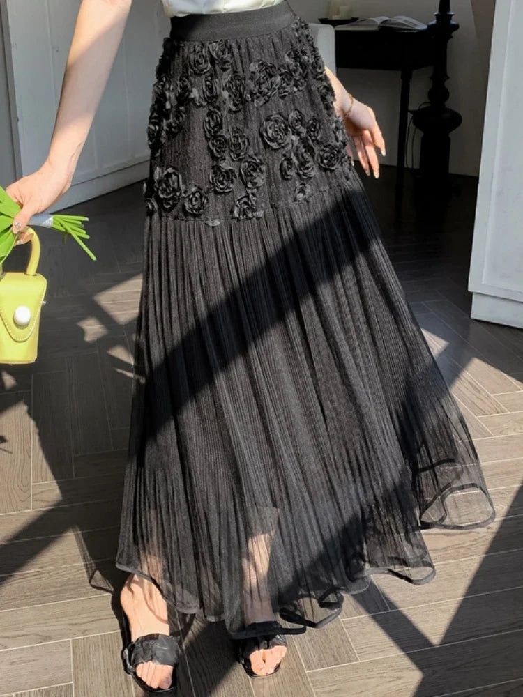 Midi Long Skirt Women Mesh Skirt 2024 Goth Sweet Spring Summer High Waisted A-Line Solid Floral Pleated Skirts rok