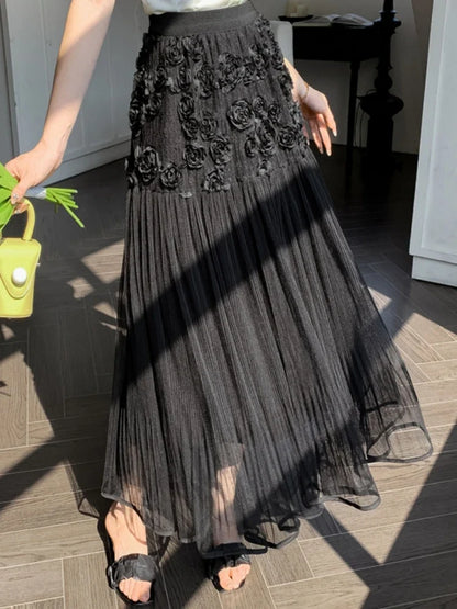 Midi Long Skirt Women Mesh Skirt 2024 Goth Sweet Spring Summer High Waisted A-Line Solid Floral Pleated Skirts rok