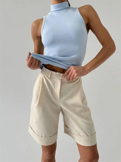 High Waisted Bermuda Shorts Women Elegant Pleated Wide Leg Shorts Linen Cuffed Office Lady Summer Shorts Casual Cotton New