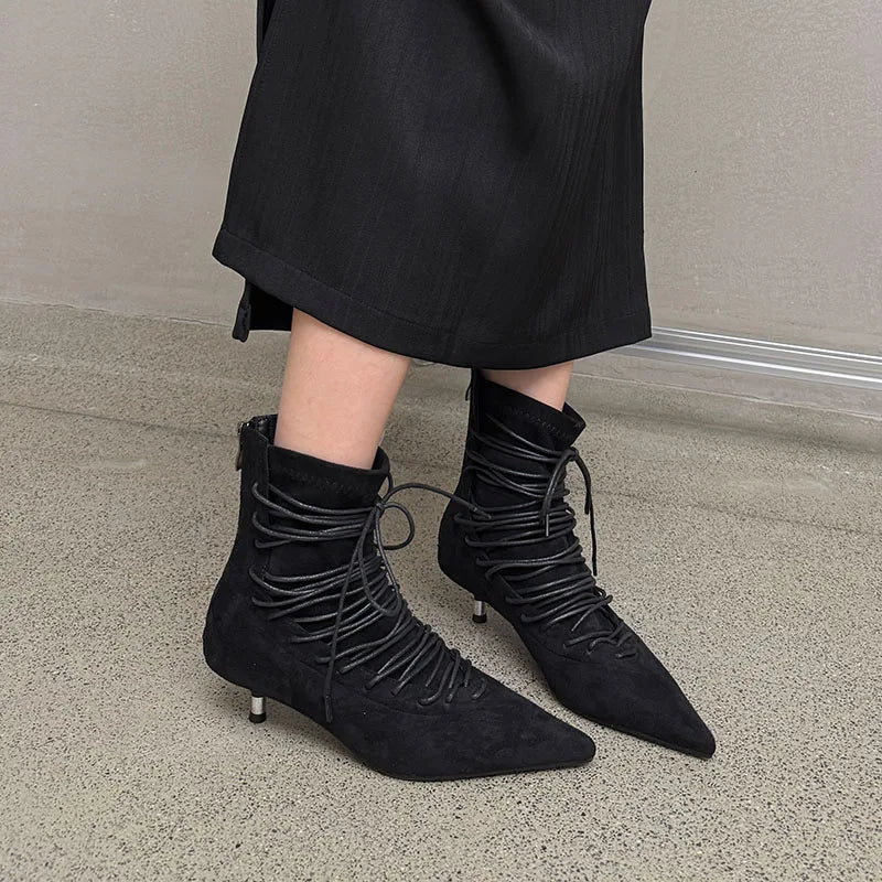 Fashion Pointed Toe Lace Up Ankle Boots Women High Quality Faux Suede Kitten Heel Designer Boot Comfort Back Zipper Modern Boots
