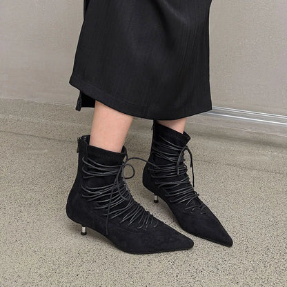 Fashion Pointed Toe Lace Up Ankle Boots Women High Quality Faux Suede Kitten Heel Designer Boot Comfort Back Zipper Modern Boots