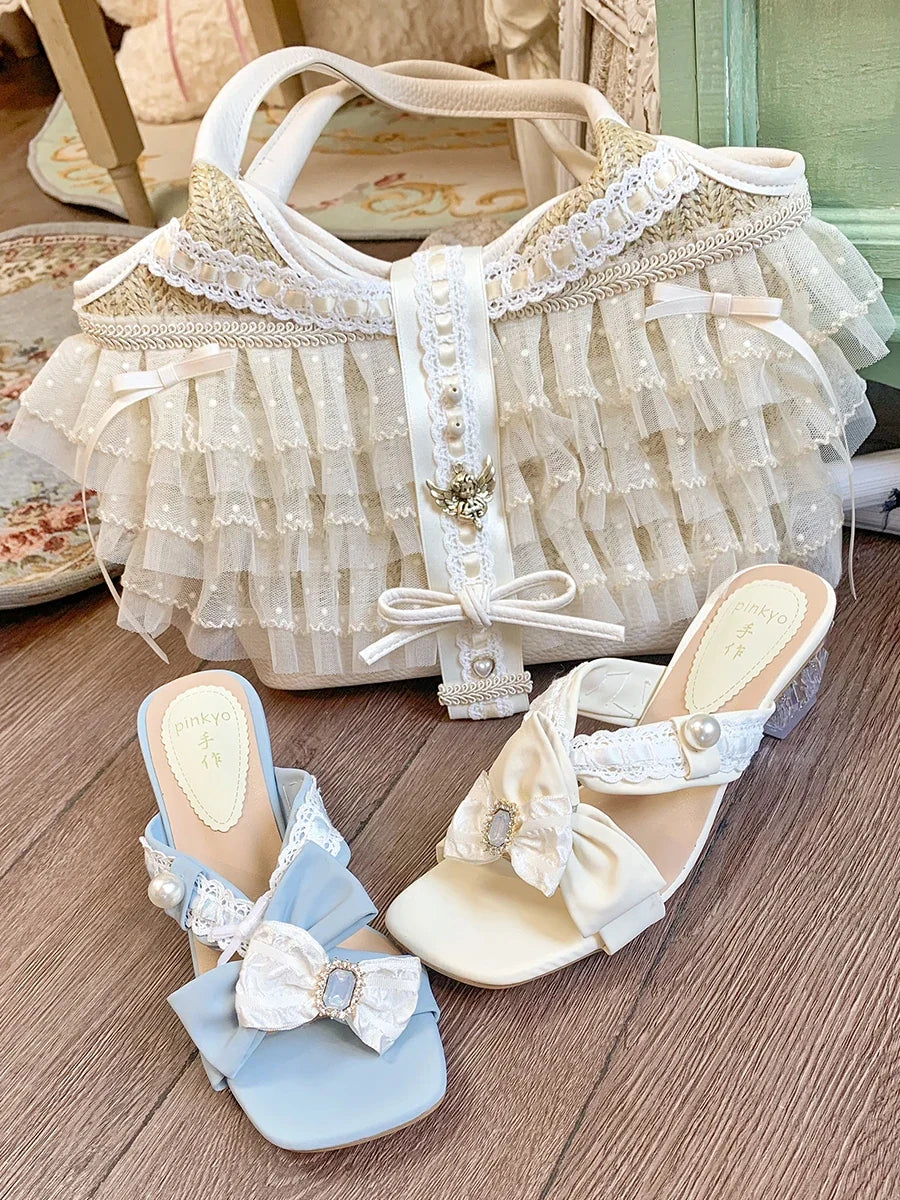 Elegant Lady Japanese Original Lolita Lace Ribbon Bow Handbag Vacation Style Sweet Cute Doll Daily Commuter Versatile Tote Bag