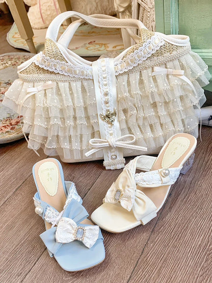 Elegant Lady Japanese Original Lolita Lace Ribbon Bow Handbag Vacation Style Sweet Cute Doll Daily Commuter Versatile Tote Bag