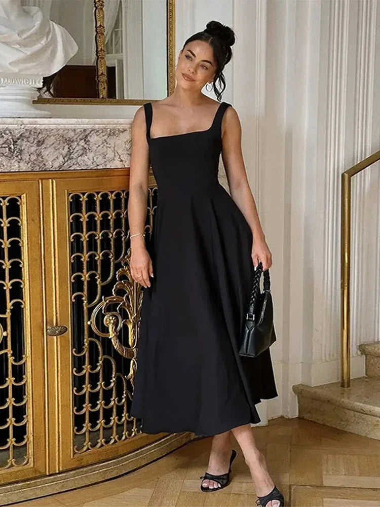 Solid Color Halter Long Dress Straps Slim Fit Sexy Square Neck Suspender High Waist Pleated Beach Dresses Women's Party Robes