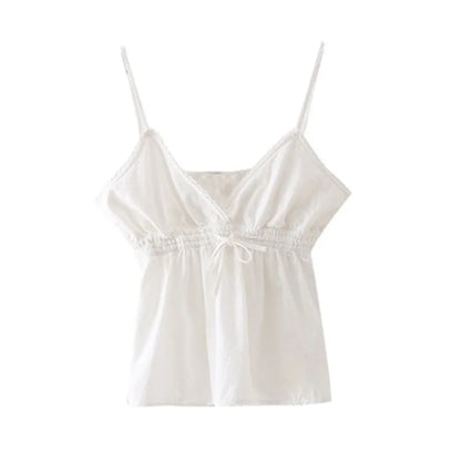 Casual Women Blue V Neck Lace Drawstring Slim Camisole Summer Fashion Ladies Spice Female Knitted Sleeveless Top