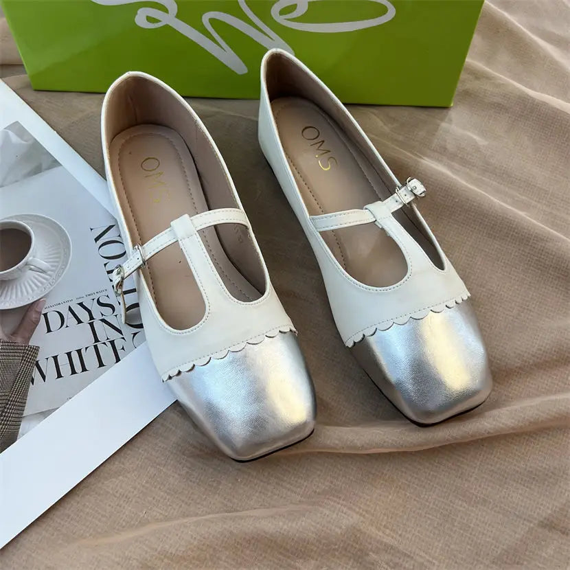 T-strap Mary Janes Shoes for Women Pu Leather Ptachwork Elegant Flats Shoes Spring Autumn Square Toe Loafers Female Shoes