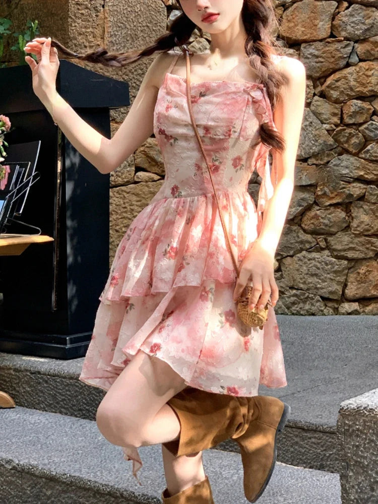 Summer French Elegant Floral Dress Women Casual sweet Retro Slim Mini Dress Korean Fashion Vintage Y2k 2000s Strap Dress