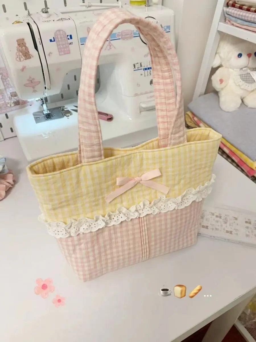2024 Spring New Small Yellow Grid Colored Lace Sweet Cute Handbag Causal Korean Chic Shoulder Underarm Tote Bags