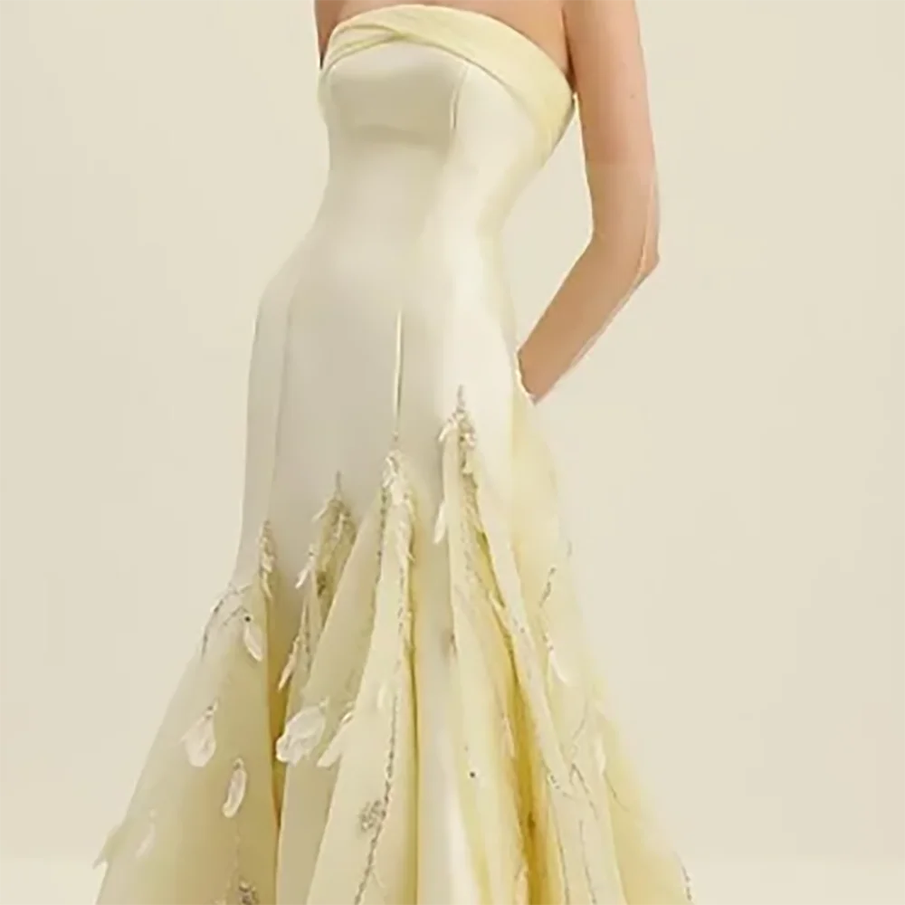 Garden Party Feather Gown in Antique Pastel Yellow Strapless Sleeveless A-line Evening Gown with Hand-stitched Ostrich Plumes