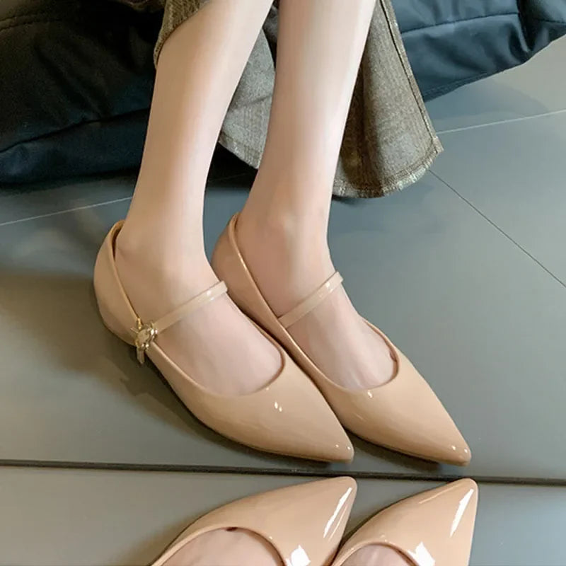Women 5cm Heels Wedges Mary Jane Thin Shoes Sexy Buckle Strap Pointed-toe Pumps Solid Color Patent Leather Heels Lady Work Shoes