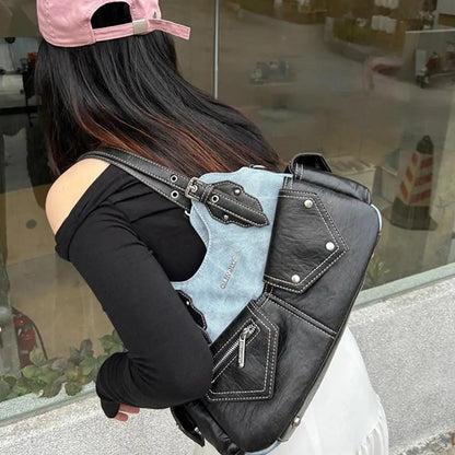 Women's Fashion PU Leather Shoulder Bag Large Capacity Crossed Color Cowboy Backpack Multifunctional Underarm Bag Casual Outing