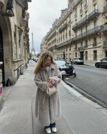 Elegant Thicken Warm Plush Faux Fur Long Coat Women Chic Single Breasted Lapel Overcoat With Belt New Lady Winter Fluffy Outwear