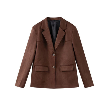 Suit Suede Leather Coat Women Brown Lapel Pocket Single Button Mid Length Jackets 2025 Spring Vintage Fashion Lady Outwear Top