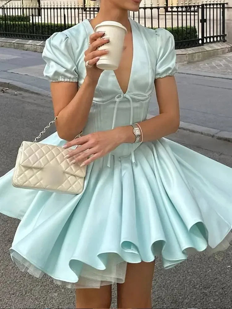 Women Elegant Satin Solid Lace Up Pleated Hem Dresses Chic V-neck High Waist A-line Mini Dress 2024 New Lady Evening Party Prom