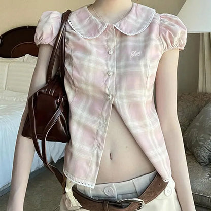 Kawaii Sweet All Match Peter Pan Collar Slim Waist Blouse Y2k Aesthetic Constrast Color Plaid Single Breasted Shirts Casual Tops