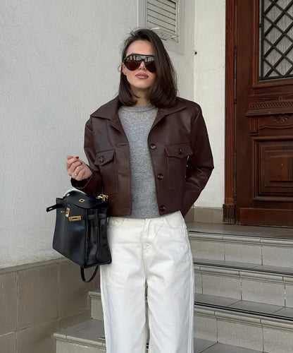 Elegant Brown Leather Cropped Jacket Women Fashion Laple Single Breasted Long Sleeves Coats Autumn Lady High Street Outwears