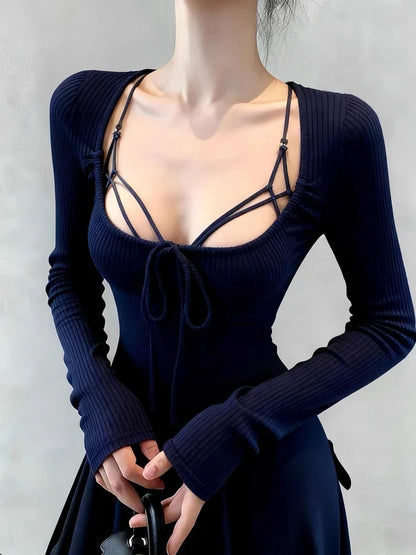 Sexy Square Neck Lace Up Knit Top Women Korea Fashion Slim Fit Long Sleeve Sweater Harajuku Elegant Base Layer Outfits