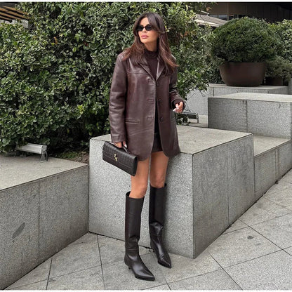 Women's PU Leather Jackets Casual Turn Down Collar Long Sleeve Single Breasted Pockets Loose Female Motorcycle Coat Lady Outwear