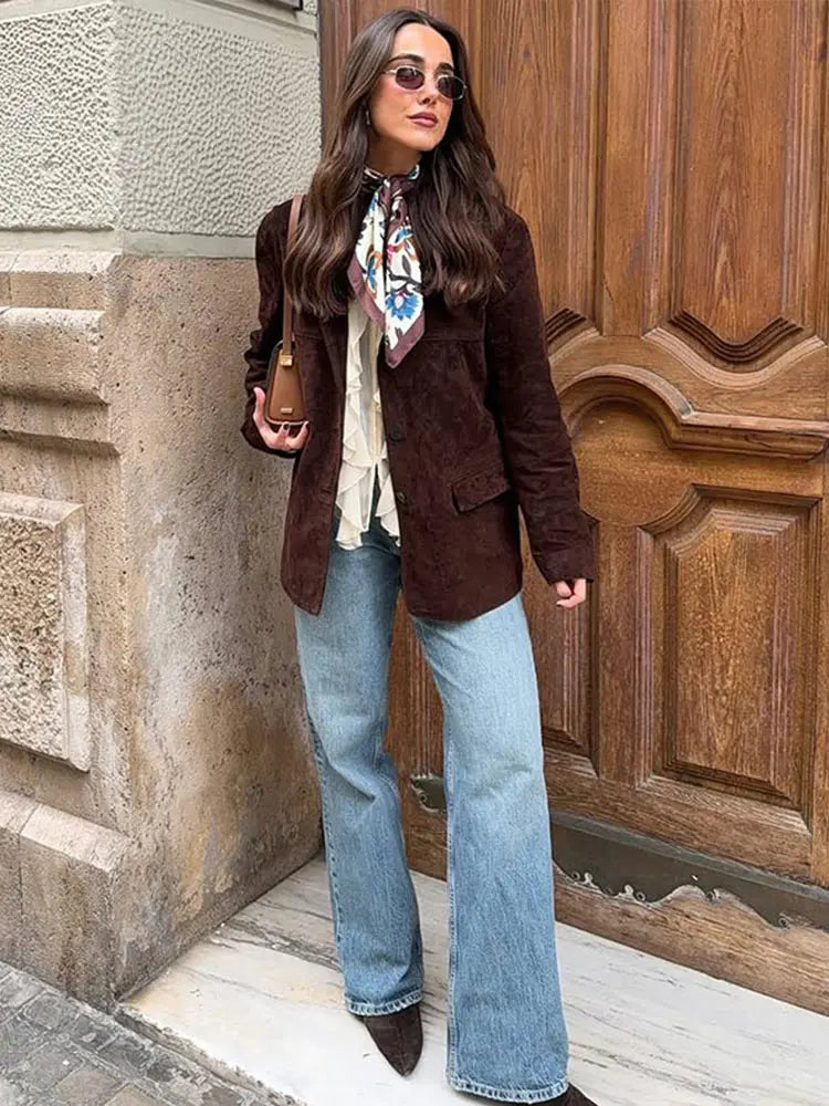 Suit Suede Leather Coat Women Brown Lapel Pocket Single Button Mid Length Jackets 2025 Spring Vintage Fashion Lady Outwear Top
