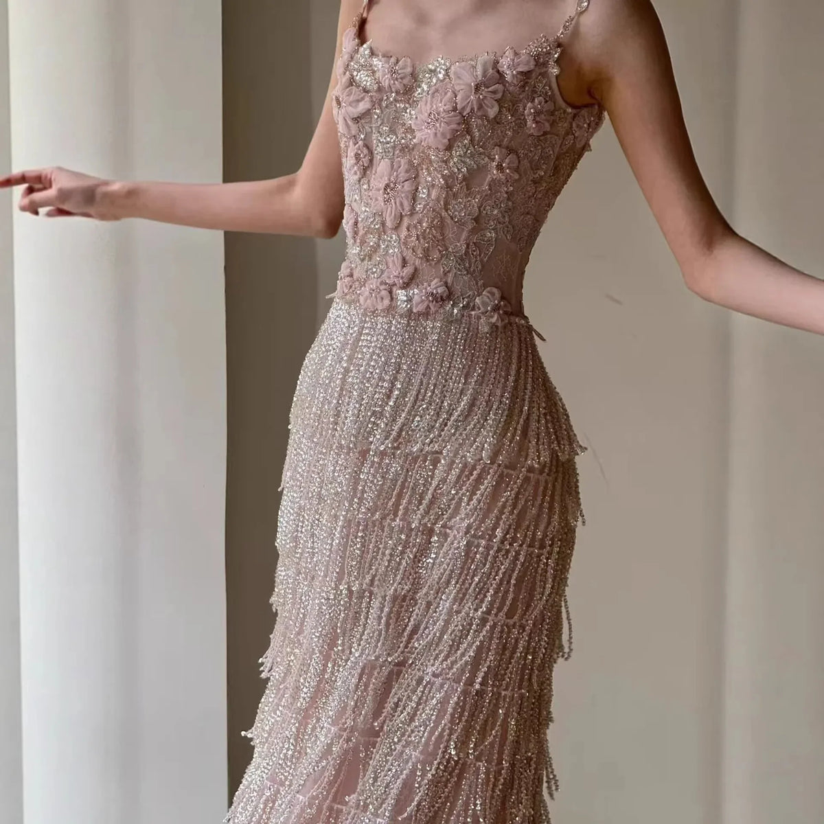 Elegant Heavy Work Evening Dress for Women with Fringe Strap Welcome Wedding Banquet Hostess Engagement Dress