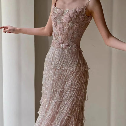 Elegant Heavy Work Evening Dress for Women with Fringe Strap Welcome Wedding Banquet Hostess Engagement Dress
