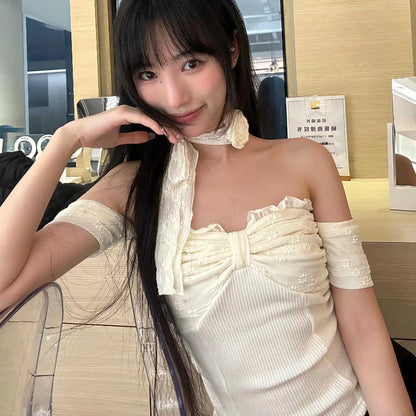 Lace Jacquard Camisetas Sexy Short Sleeve Solid Tshirts Women Tees Slash Neck Slim Fit Y2k Skinny Bow Floral Scarf Hotsweet