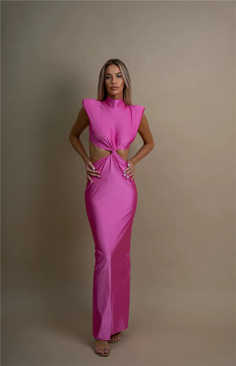 Mock Neck Structured Shoulder Waist Cutout Satin Maxi Gown