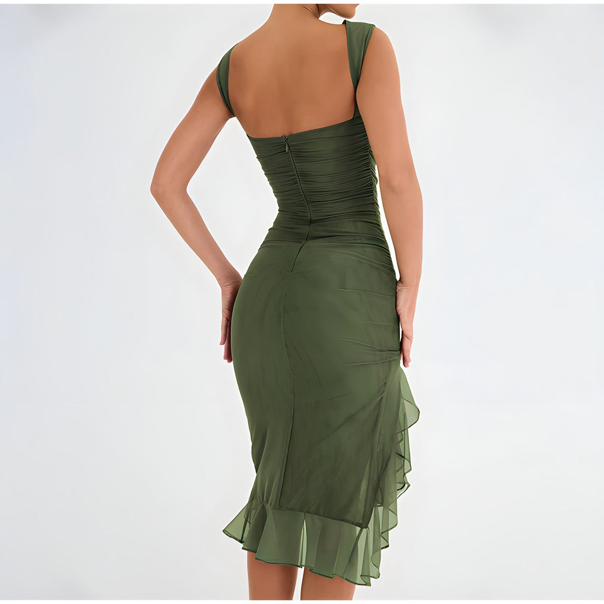 Ruched Crew Neck High Split Ruffle Hem Bodycon Midi Dress