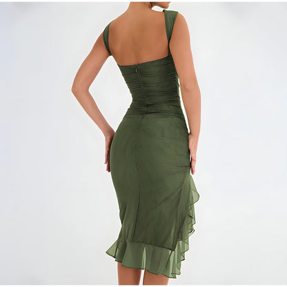 Ruched Crew Neck High Split Ruffle Hem Bodycon Midi Dress