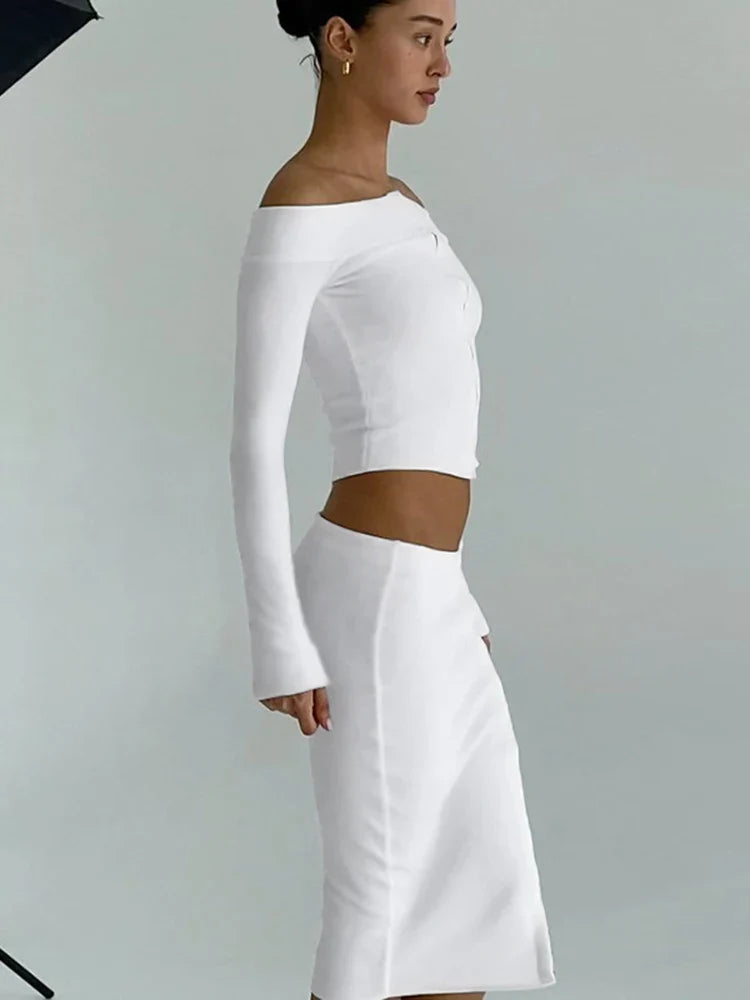 Sexy Split Skirt Suit For Women One-Shoulder Single Breasted Long Sleeves Top Slim Fit Skirt Elegant Party Club Outfits
