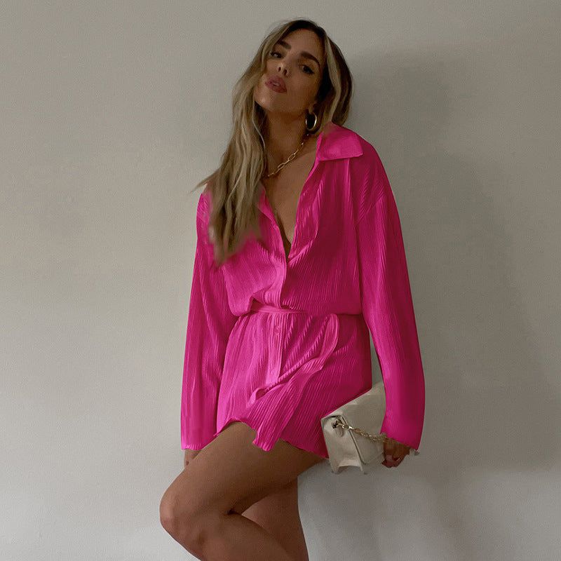 Collared Button Front Tie Waist Plisse Mini Shirt Dress