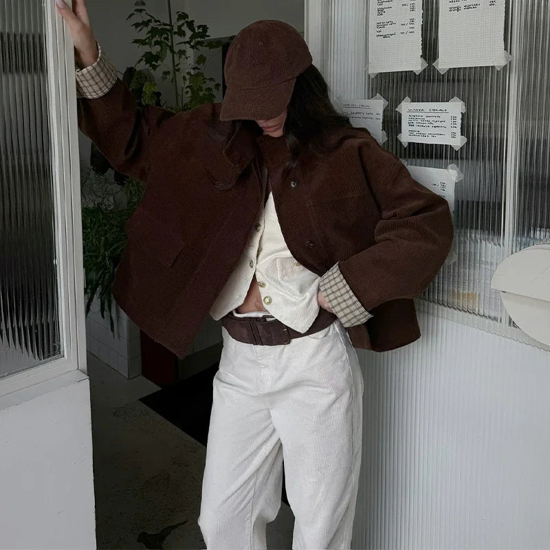 Autumn Chic Plaids Linen Solid Corduroy Coats Elegant Female Stand Collar Zipper Long Sleeves Jacket Fashion Lady Street Outwear