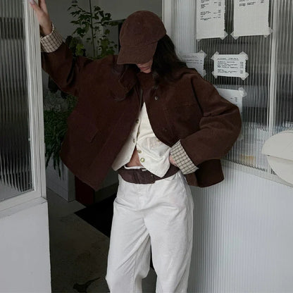 Autumn Chic Plaids Linen Solid Corduroy Coats Elegant Female Stand Collar Zipper Long Sleeves Jacket Fashion Lady Street Outwear