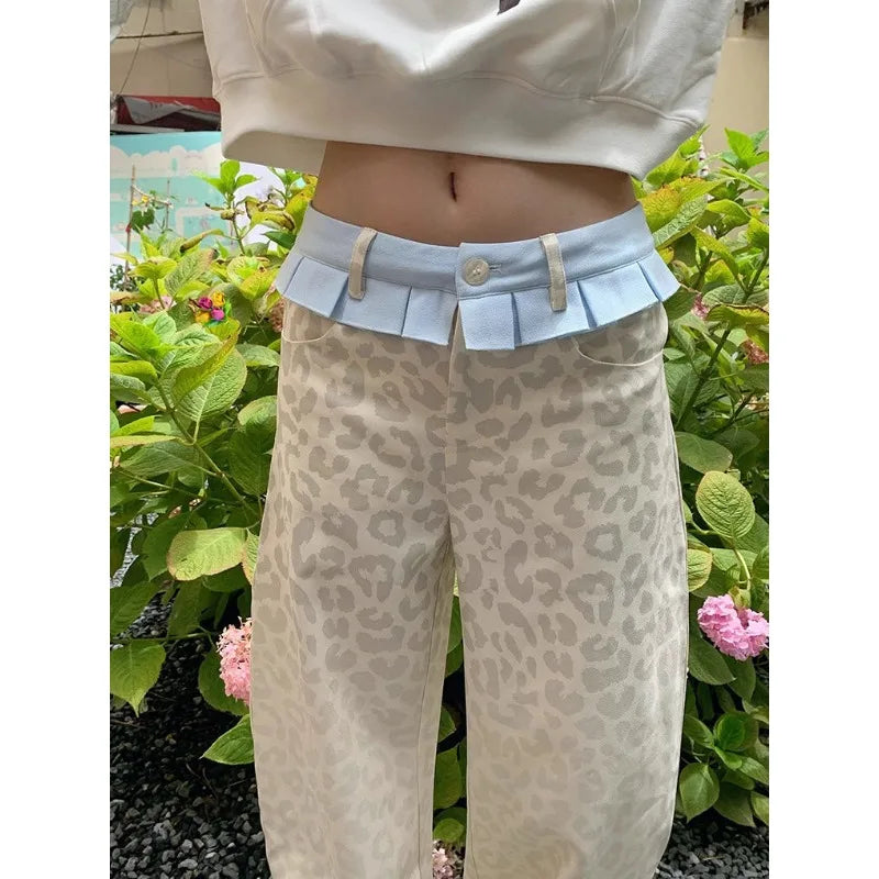 Baggy Patchwork Leopard Pants Women Y2K Harajuku High Waist Wide Leg Vintage Trousers