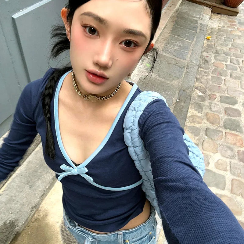 Contrast Patchwork Bow Crop T-shirt Women V-neck Long Sleeve Slim Versatile Pullover Top Hottie Casual Tees Streetwear