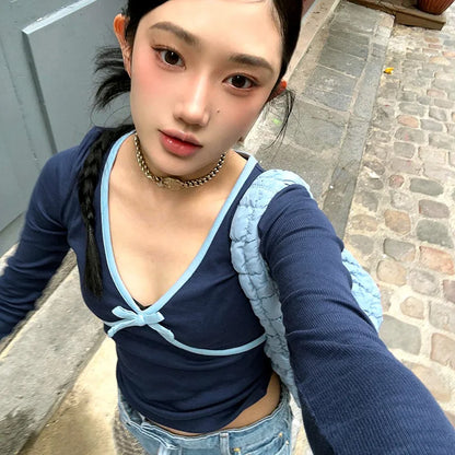 Contrast Patchwork Bow Crop T-shirt Women V-neck Long Sleeve Slim Versatile Pullover Top Hottie Casual Tees Streetwear