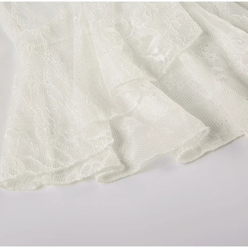 Sexy Ruffle Top Lace Skirt Set Women Loose Lace Up Flare Sleeve Tops See Through Long Skirts 2025 Summer Lady Party Solid Suits