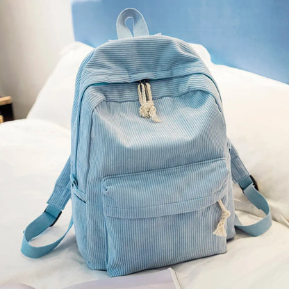 Beige School Backpack For Teenage Girls Pink Soft Fabric Backpack Female Striped Backpack For Women School Bag