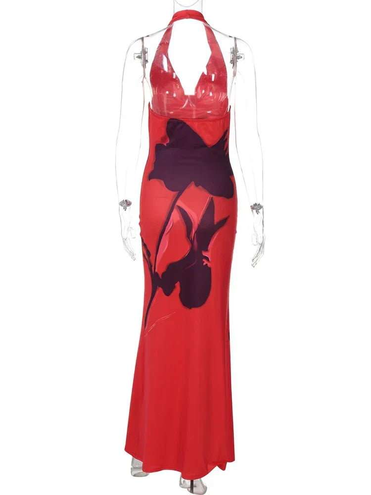 Halter Cowl Neck Large Floral Graphic Print Bodycon Maxi Dress